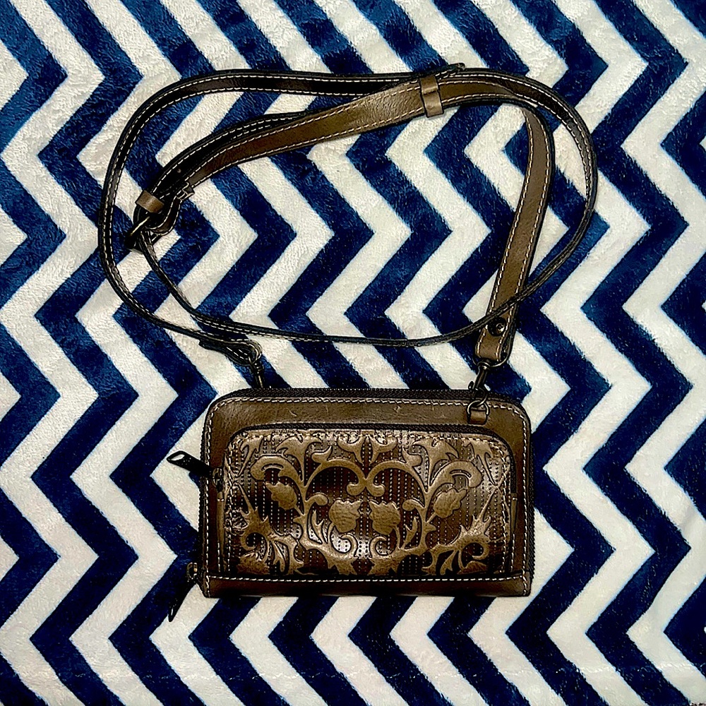 Patricia Nash crossbody, built in wallet, brown genuine leather, tooled/floral